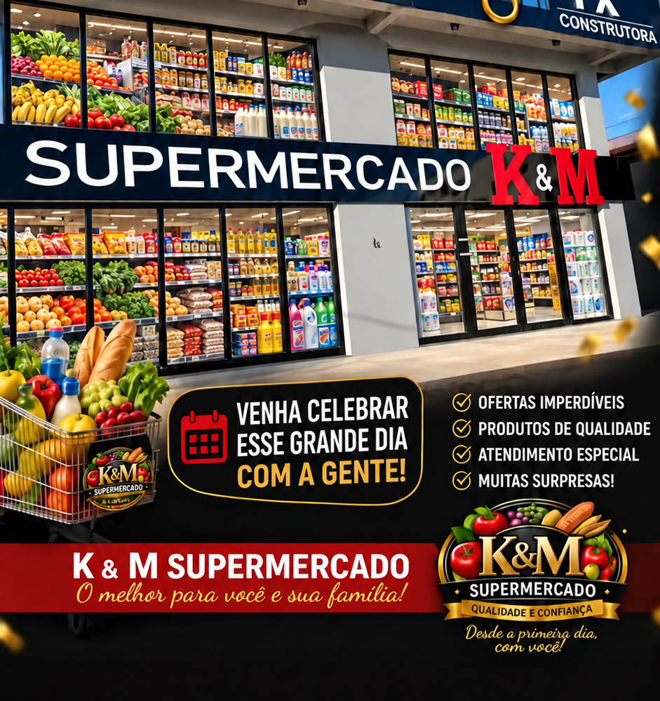 Arte do Supermercado K&M com vitrine de frutas e variedades